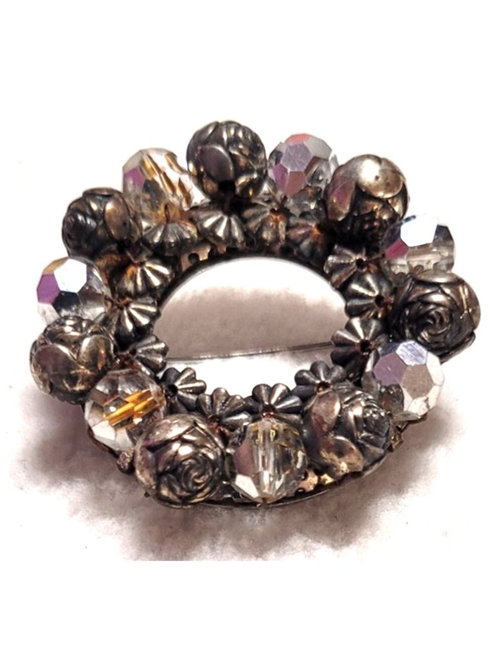 Vintage Aurora Borealis Rhinestone Wreath Brooch Silver Tone Rose Bead Pin
